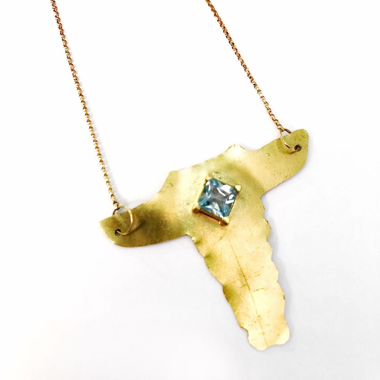 18k Gold Bull Necklace with vintage Natural Aquamarine, one of a kind design by nadine mouzannar