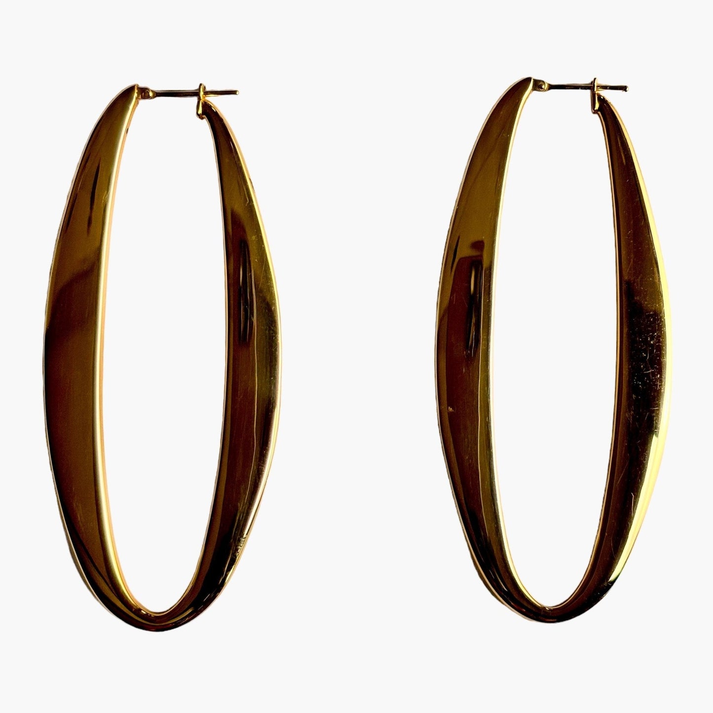 18k Solid Long shaped Oval Dainty Gold Hoop Earrings - R. Mouzannar Jewelry