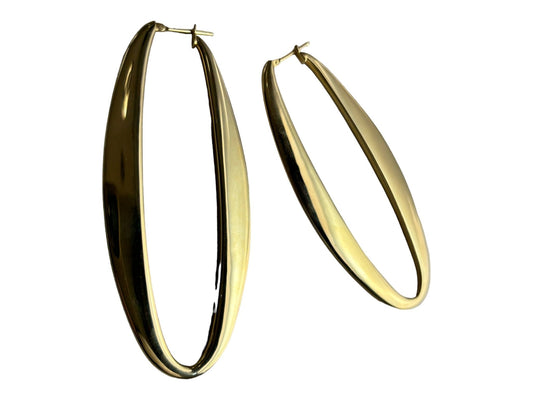 18k Solid Long shaped Oval Dainty Gold Hoop Earrings - R. Mouzannar Jewelry