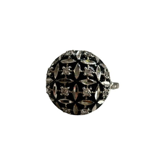 18k White Gold Black Enamel and Zirconium Ring - émail Noir Zircone Ring, UNGARI face front on white background