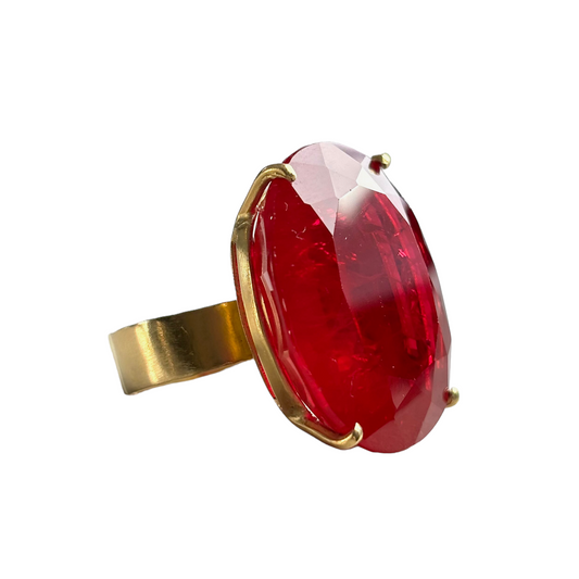 18k Yellow Gold Rubellite Ring, Large Oval Rubellite and wide band ring facing right