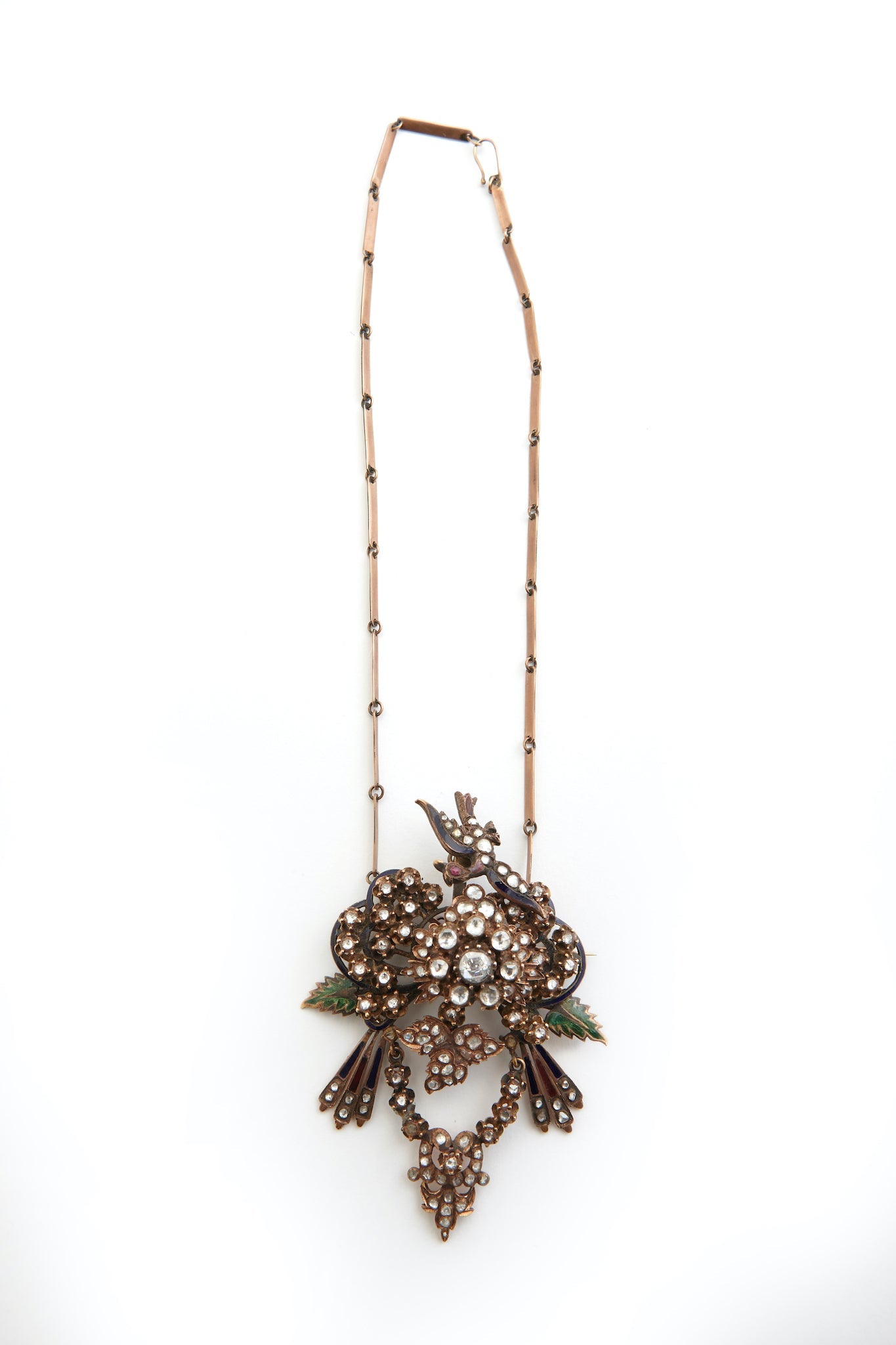 Necklace Red Gold With Diamonds and Green Enamel