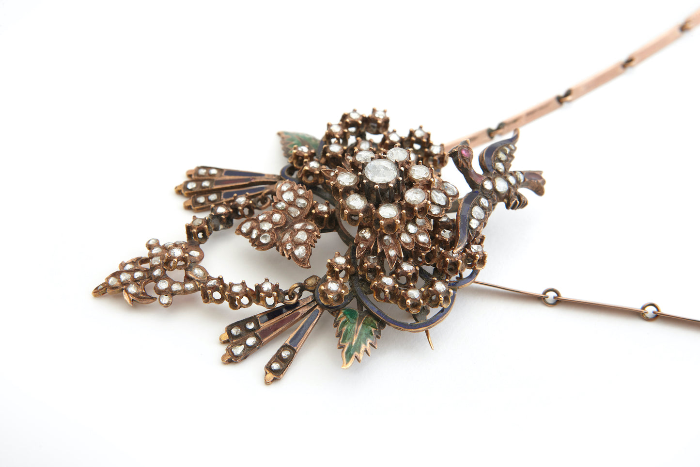 Necklace 18k Red Gold With Diamonds and Green Enamel