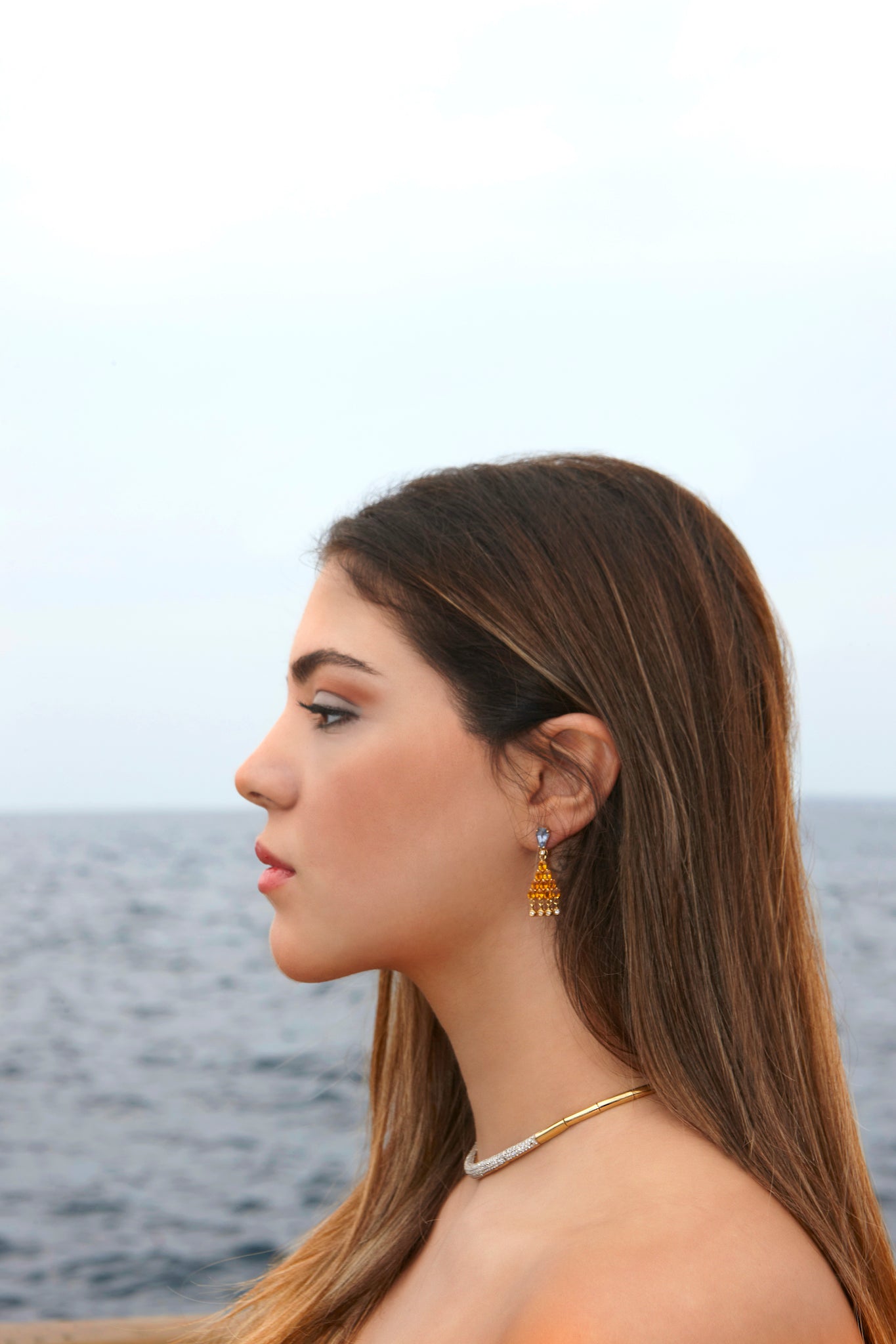 Earrings 18k Gold With Diamonds Blue and Yellow Saphire