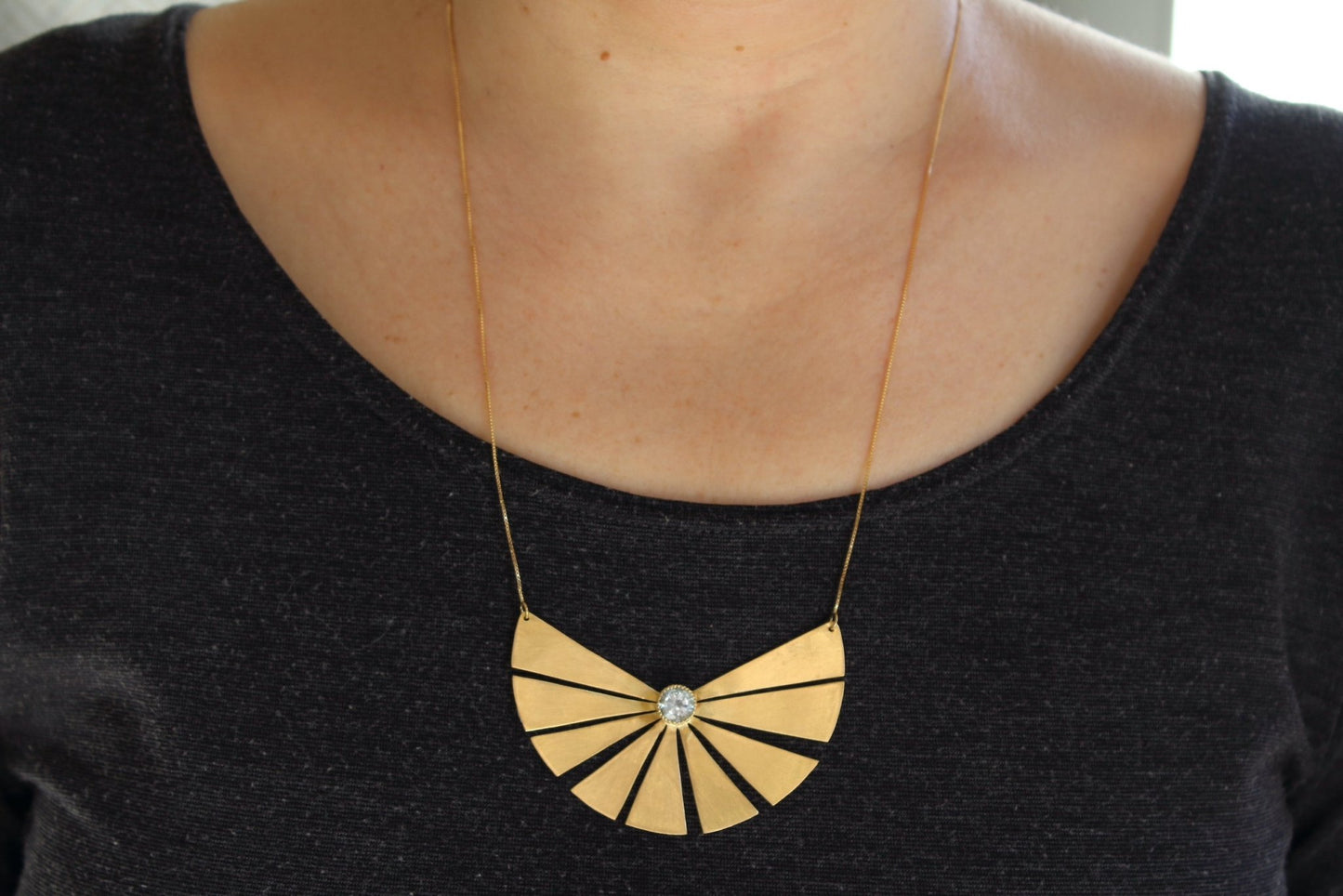 Blue Aquamarine Necklace on 18k Brushed Solid Gold Handmade Necklace. Clear Blue Aquamarine fan pendant - R. Mouzannar Jewelry