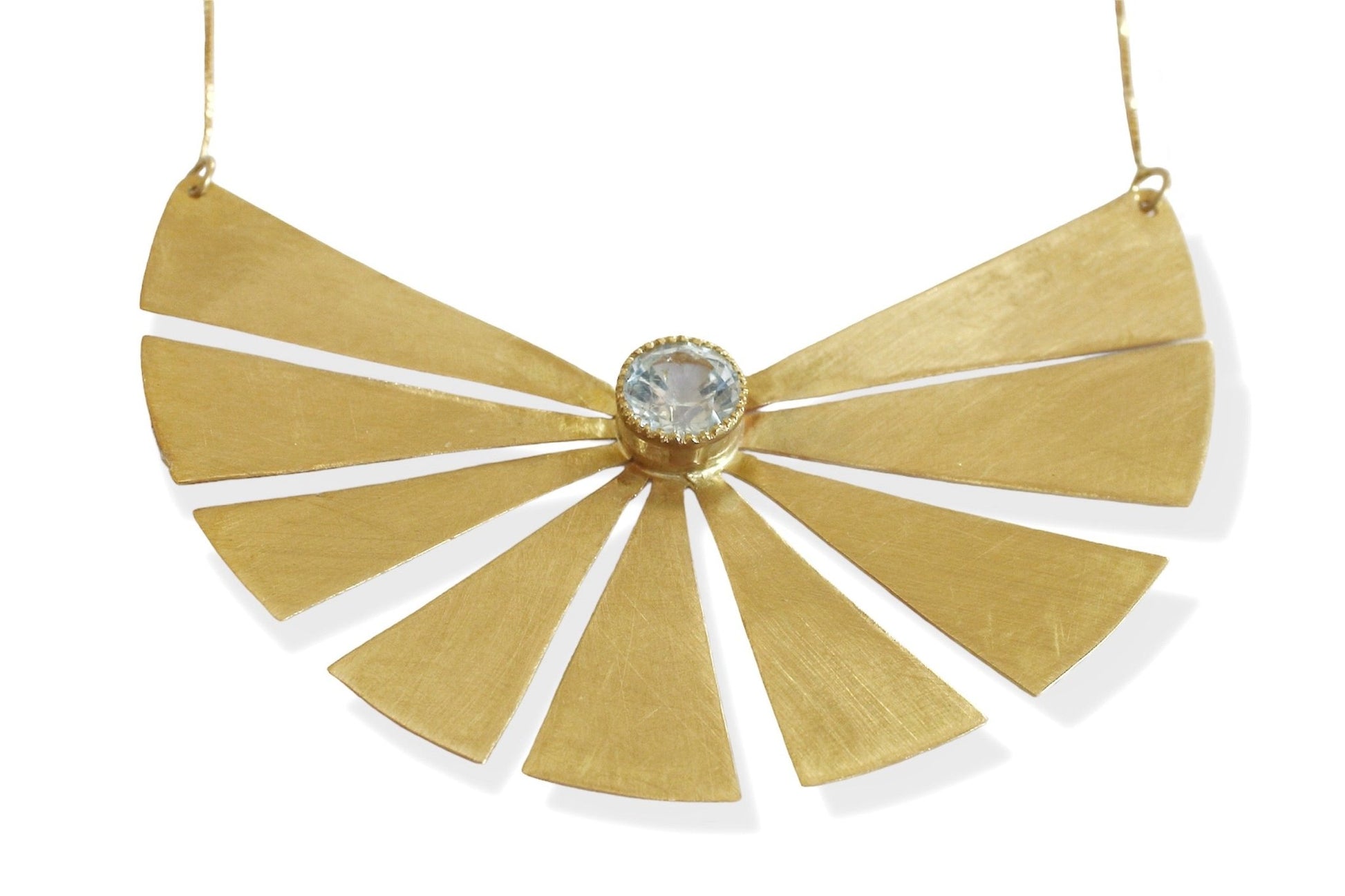 Blue Aquamarine Necklace on 18k Brushed Solid Gold Handmade Necklace. Clear Blue Aquamarine fan pendant - R. Mouzannar Jewelry