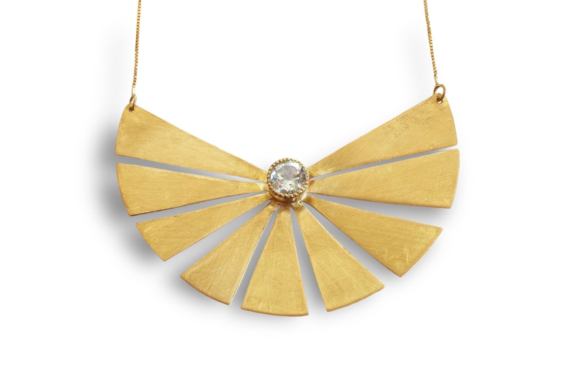 Blue Aquamarine Necklace on 18k Brushed Solid Gold Handmade Necklace. Clear Blue Aquamarine fan pendant - R. Mouzannar Jewelry