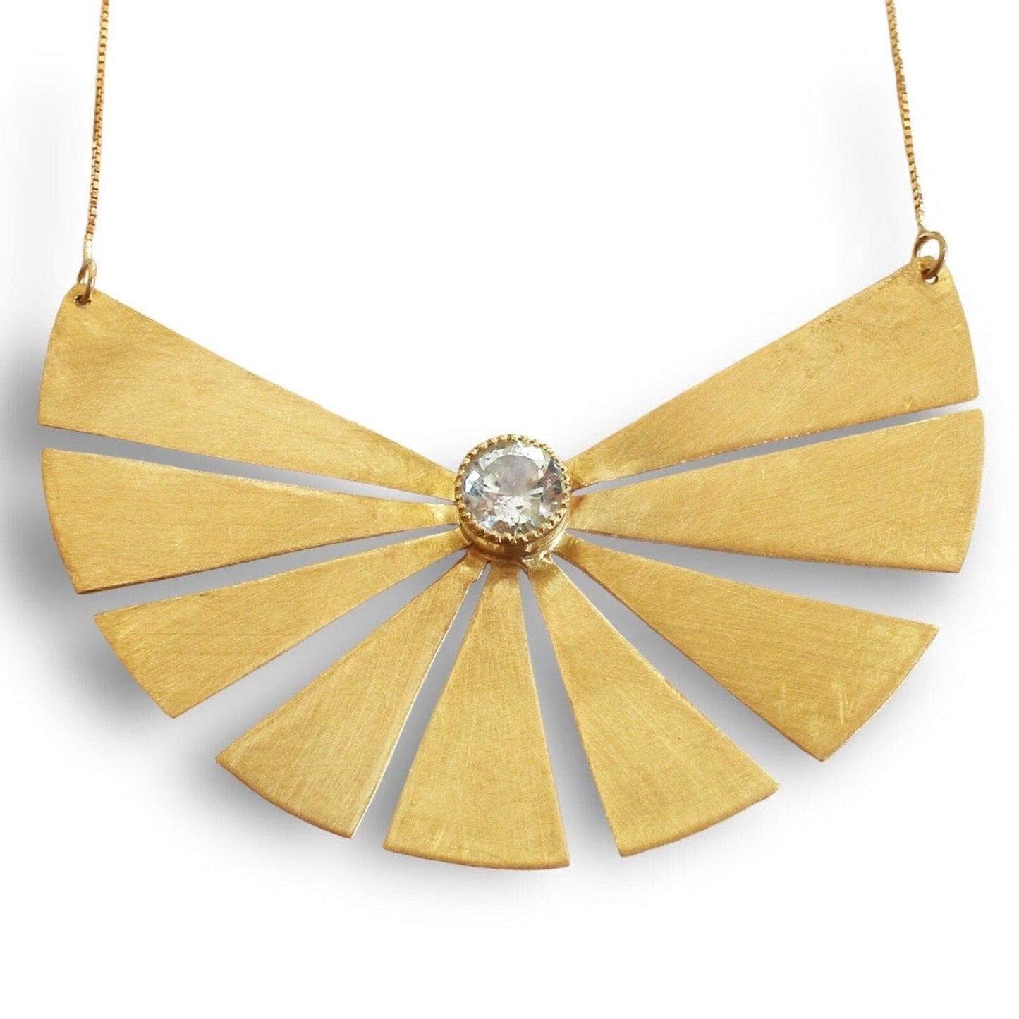 Blue Aquamarine Necklace on 18k Brushed Solid Gold Handmade Necklace. Clear Blue Aquamarine fan pendant - R. Mouzannar Jewelry