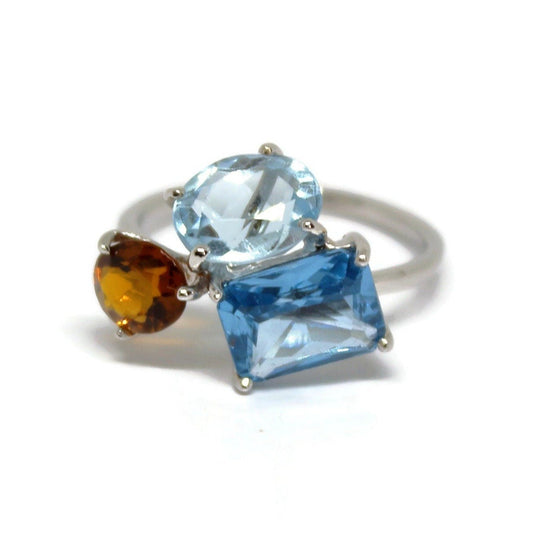 Blue Topaz, Aquamarine, and Tourmaline white gold ring, 18k Solid Gold Gemstones Ring - R. Mouzannar Jewelry