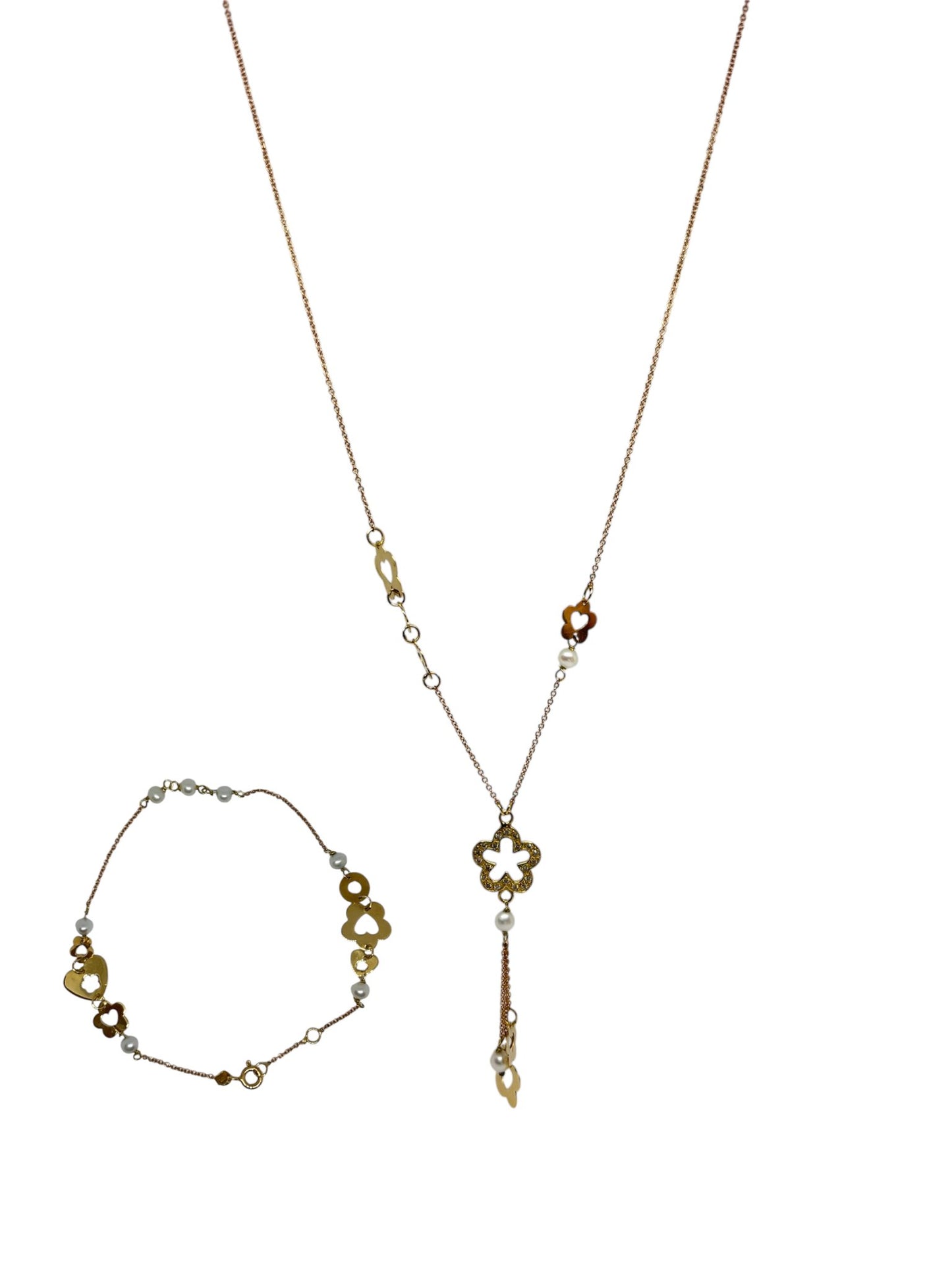 Nexklace and Bracelet Set 18k rose and yellow gold with pearl flower motif - R. Mouzannar
