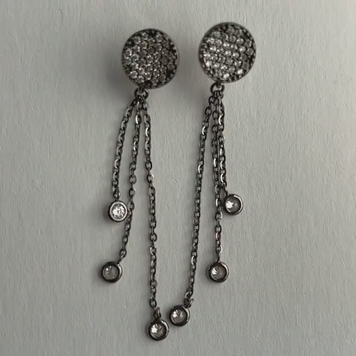 18k Black Gold Drop Chain Earrings with Sparkling Cubic Zirconium Video