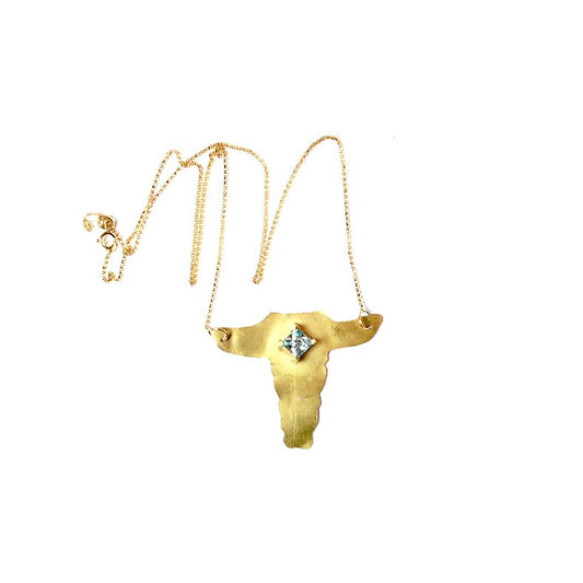 18k Gold Bull Necklace with vintage Natural Aquamarine, one of a kind design