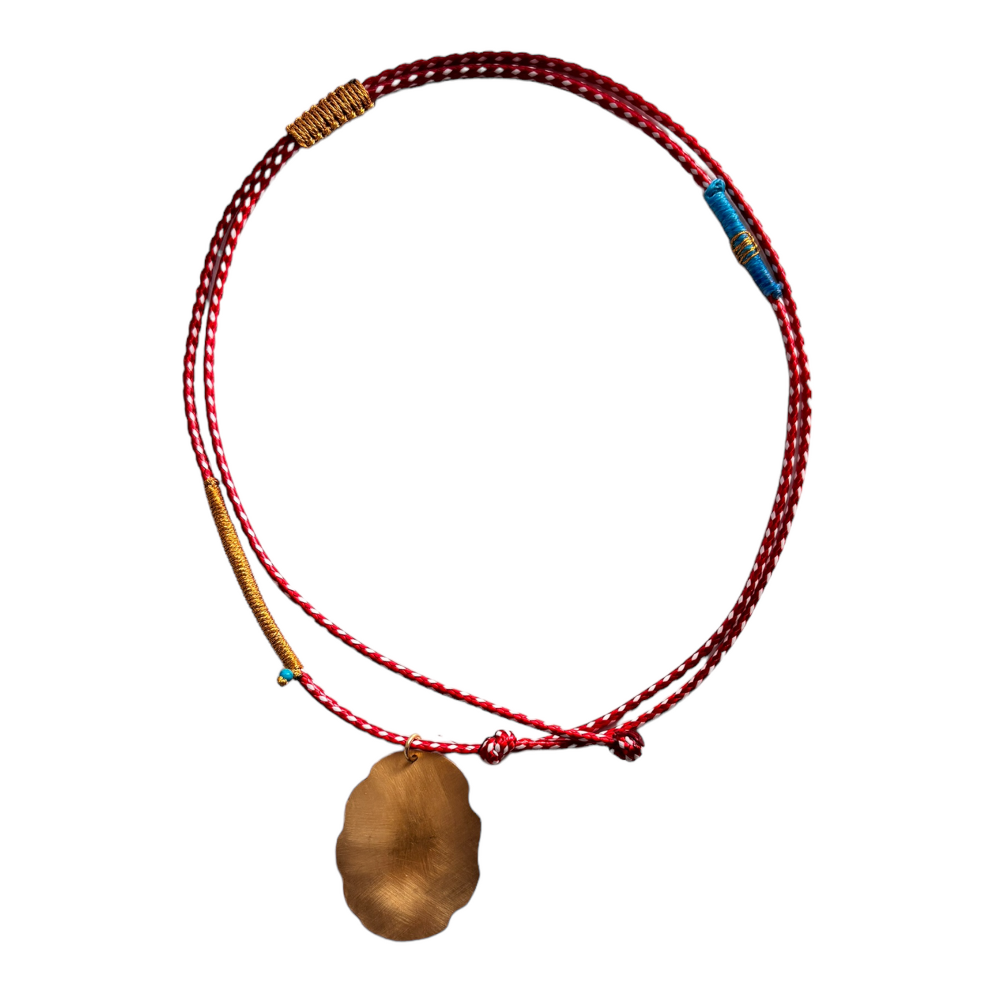 Red, White and 18k 2.1g Solid Gold hammered plate Necklace