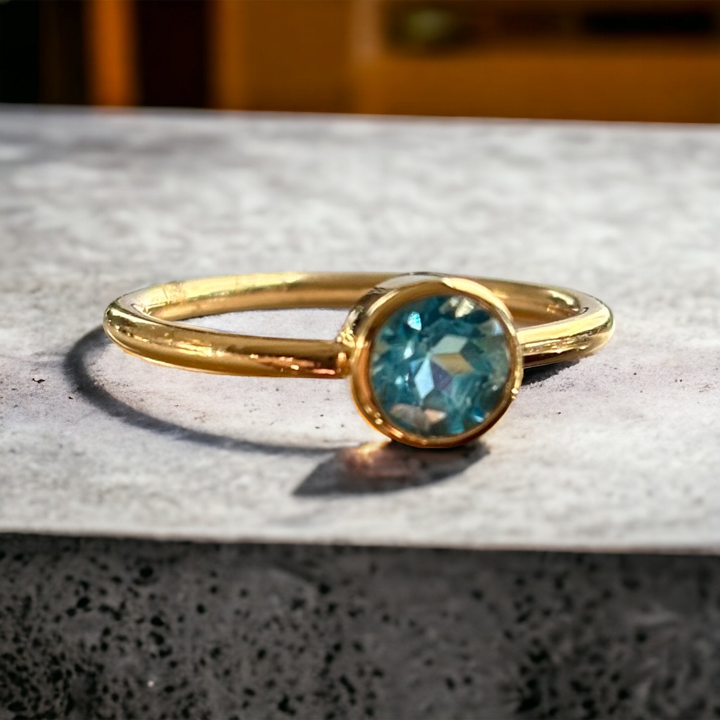 Bezel-Set Round Blue Topaz Solitaire Engagement Ring - R. Mouzannar Jewelry