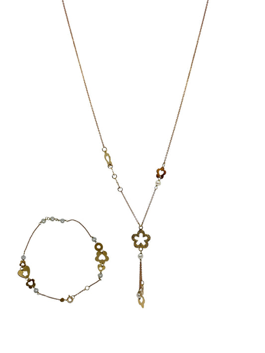 Nexklace and Bracelet Set 18k rose and yellow gold with pearl flower motif - R. Mouzannar