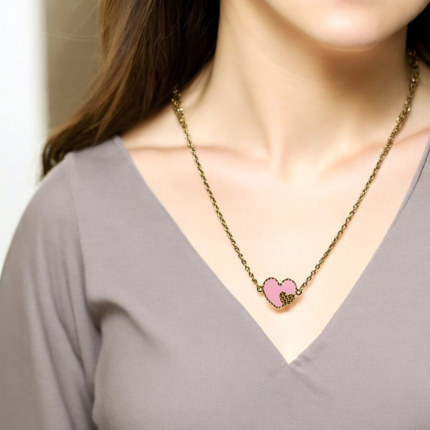 Pink Enamel Heart 18k Gold Necklace - R. Mouzannar