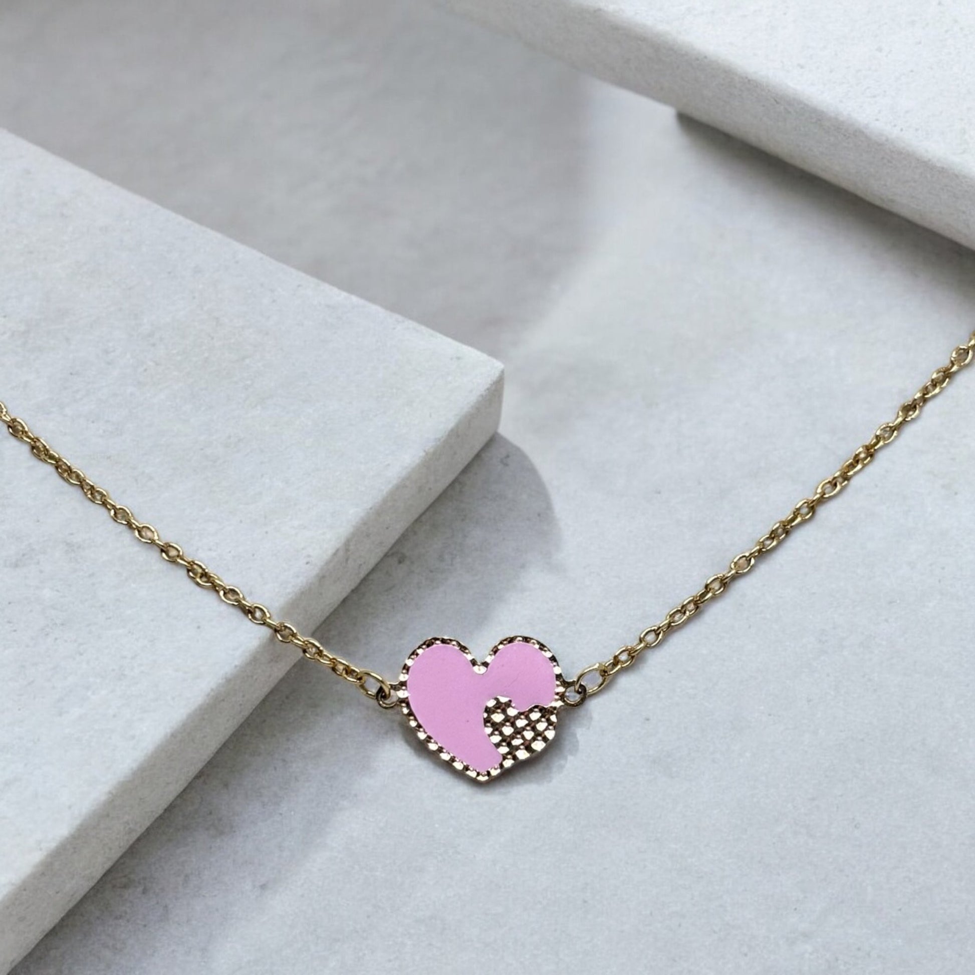 Pink Enamel Heart 18k Gold Necklace - R. Mouzannar