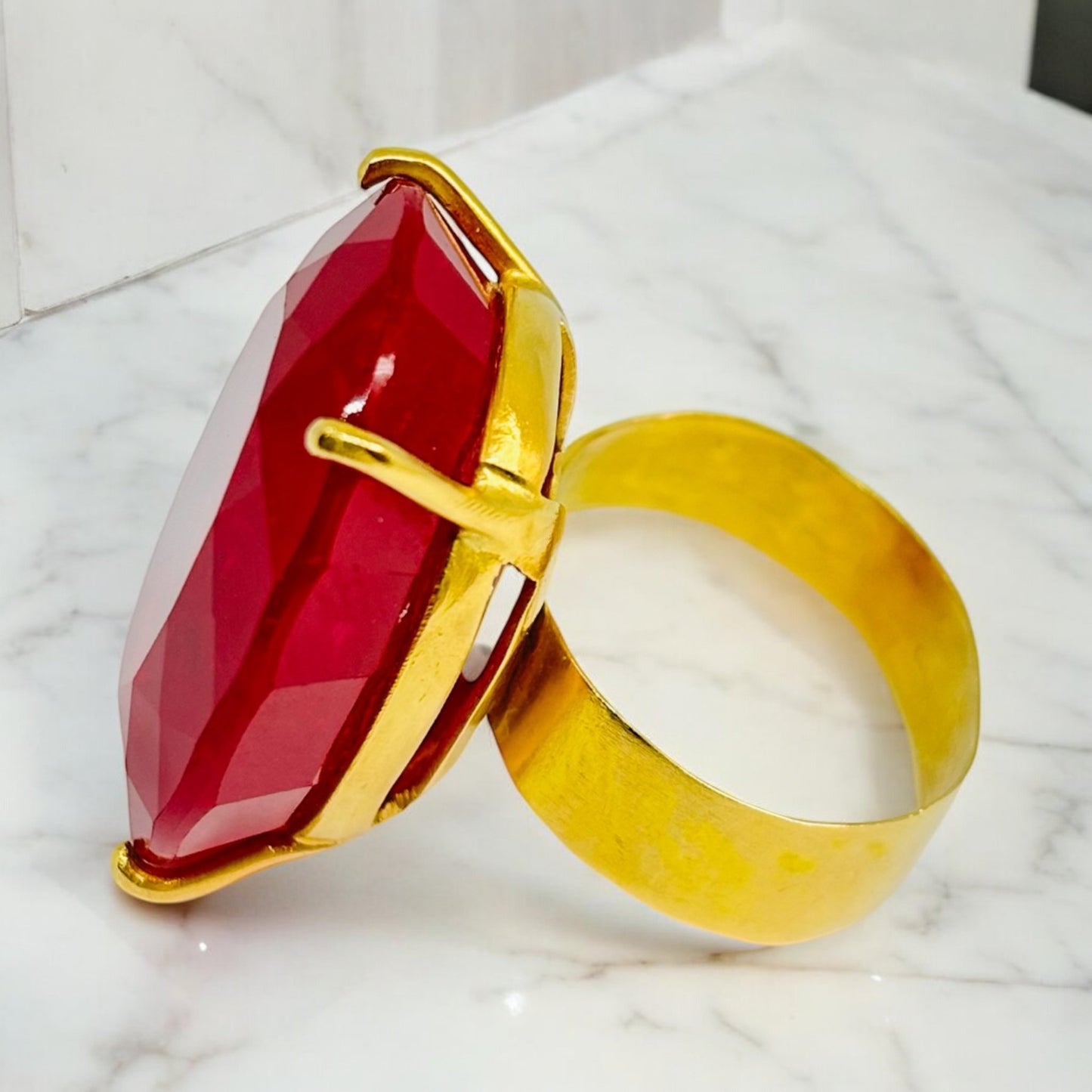 Wide Band 18k Yellow Gold Large Rubellite Unpolished Ring - R. Mouzannar