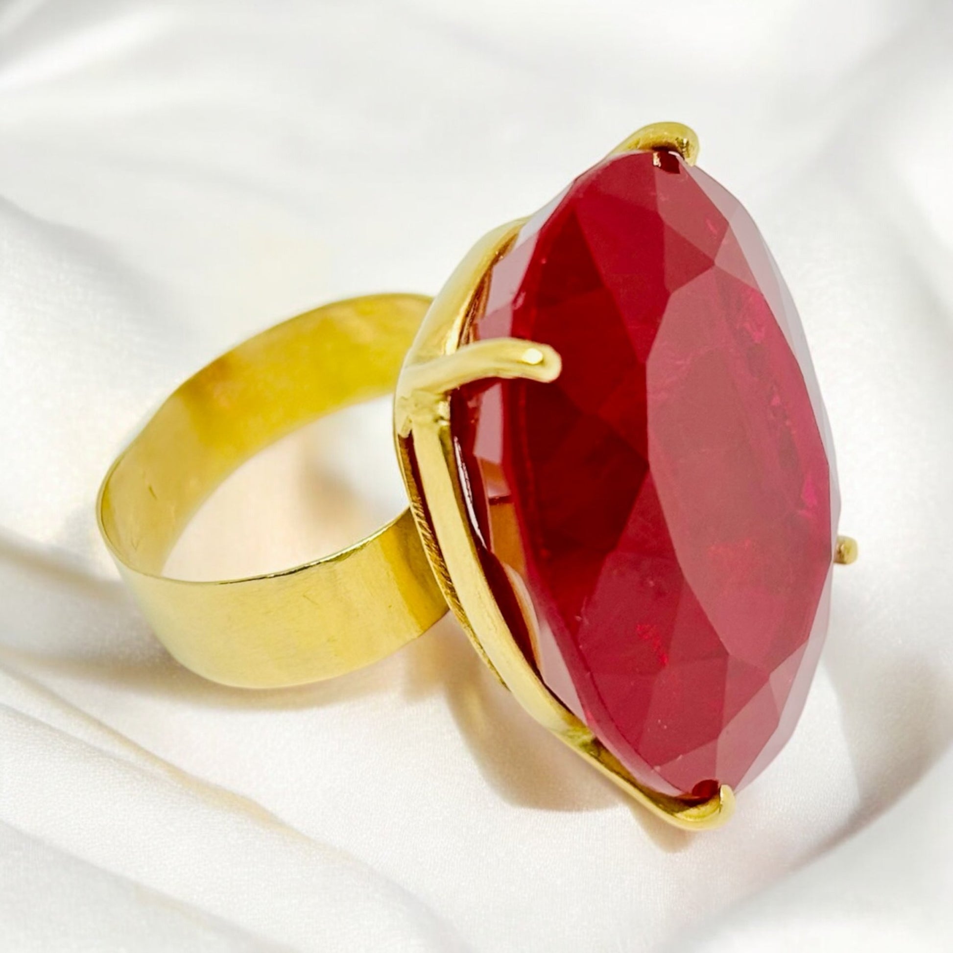 Wide Band 18k Yellow Gold Large Rubellite Unpolished Ring - R. Mouzannar