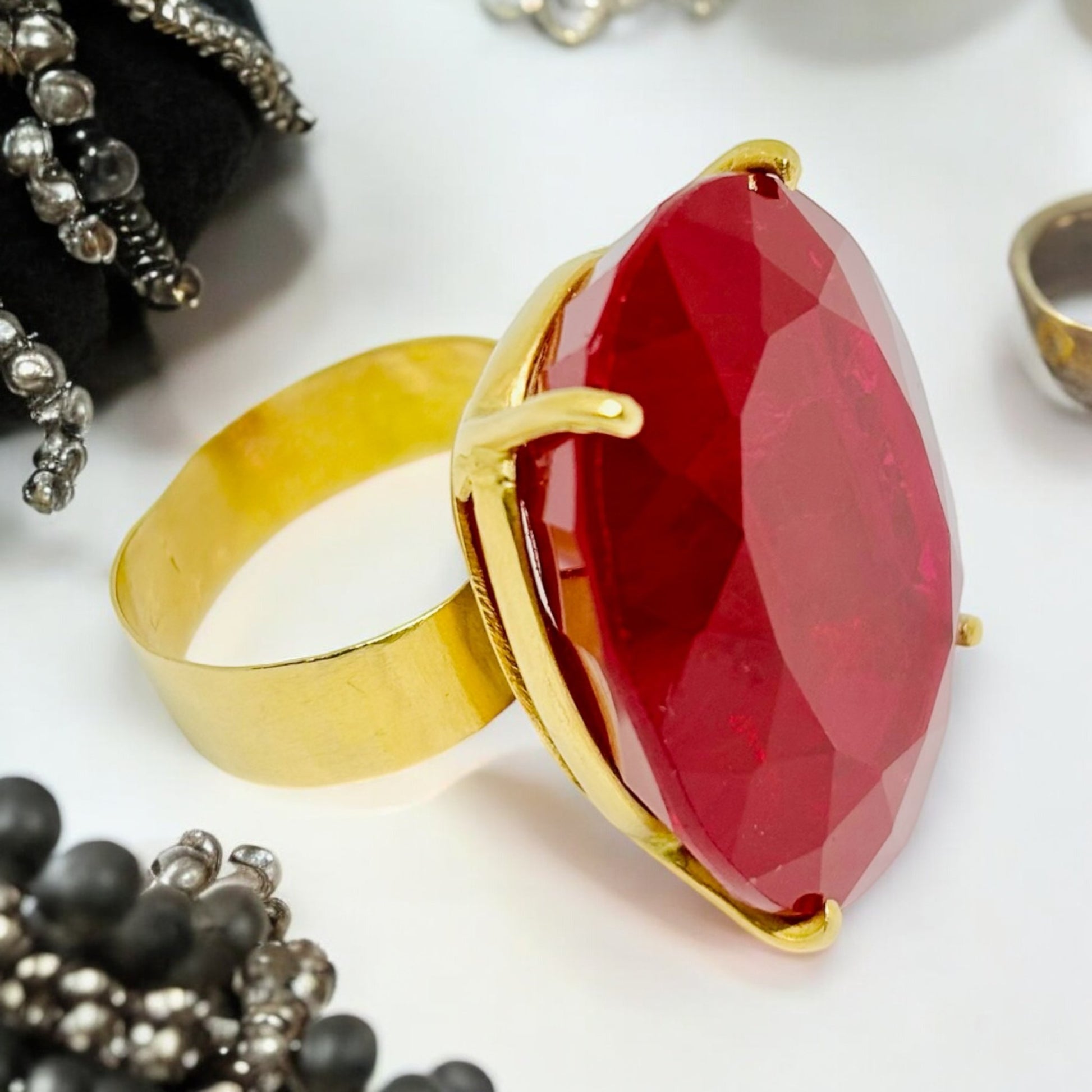 Wide Band 18k Yellow Gold Large Rubellite Unpolished Ring - R. Mouzannar