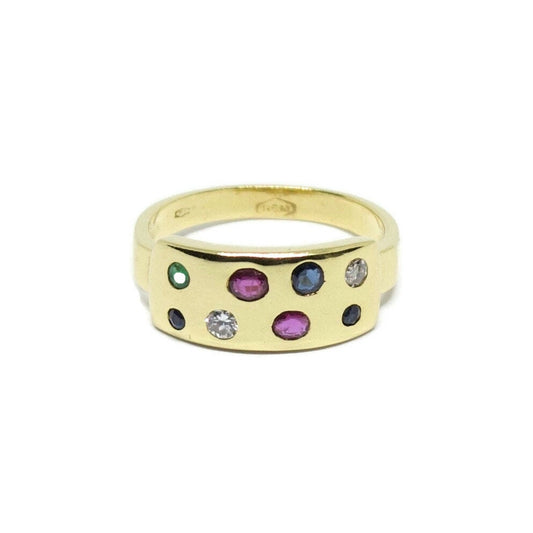 Sapphires Rubies, Emeralds and Diamonds 18k Solid Gold Ring, Round Cut Gemstones